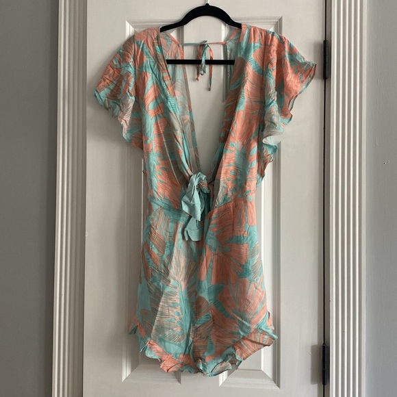 L' SPACE Connie Romper In Bungalow Palm Print Multicolor Lightweight Sz L - Picture 3 of 5